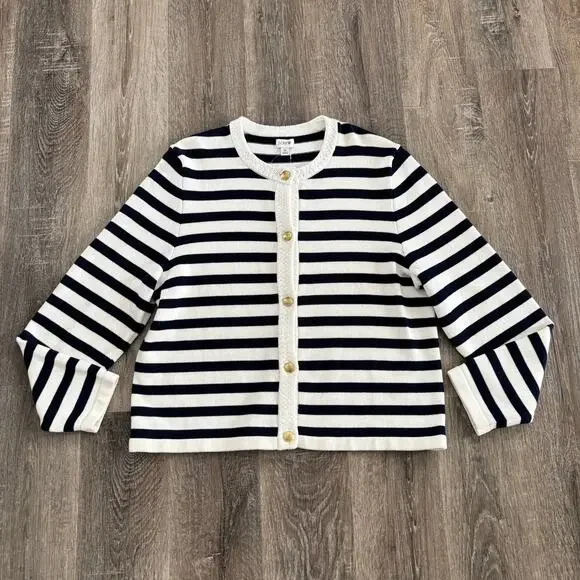 NWT J. Crew Factory Striped Cotton Cardigan Sweater Ivory Navy Stripe - Size: XL - Picture 8 of 10